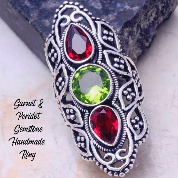 Garnet Peridot Gemstone Handmade Shield Armor Ring - Picture 5 of 5